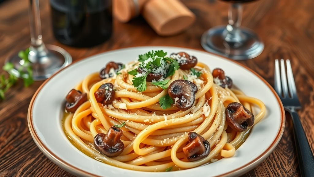 Gourmet Mushroom Truffle Pasta Recipe Gourmet Mushroom Truffle Pasta garnished with parsley and Parmesan on a rustic wooden table with a glass of wine.